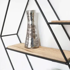 Zwart metalen wandrek met 3 houten plankjes - Zeshoek diagonaal