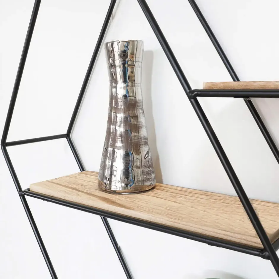 Zwart metalen wandrek met 3 houten plankjes - Zeshoek diagonaal