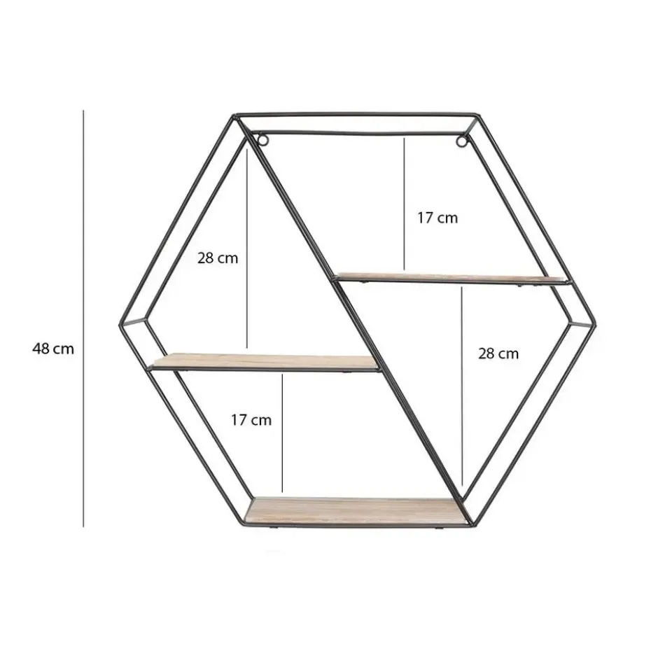 Zwart metalen wandrek met 3 houten plankjes - Zeshoek diagonaal